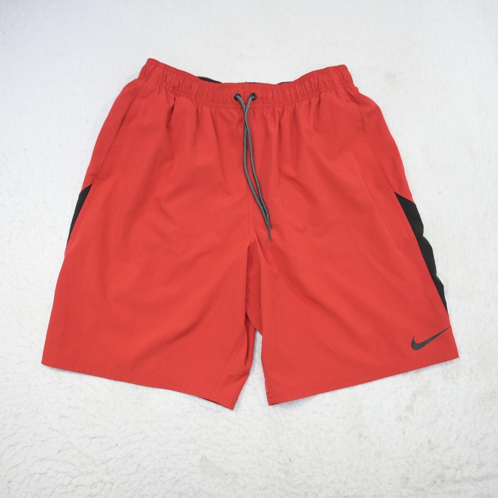 Nike Swim Shorts Mens Large 9" Red Black Swoosh Mesh Lining Pockets
